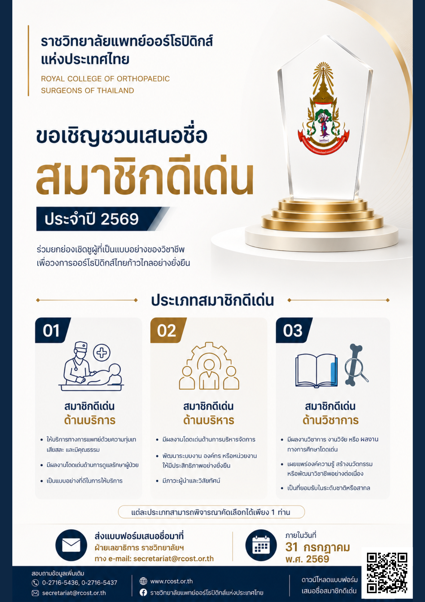 สมาชิกดีเด่น ราชวิทยาลัยแพทย์ออร์โธปิดิกส์แห่งประเทศไทย ประจำปี 256